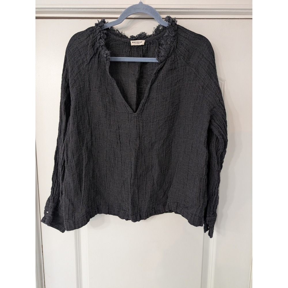 Masscob Charcoal Gray Crinkle Gauze V-Neck Blouse cropped L/S light Womens XS